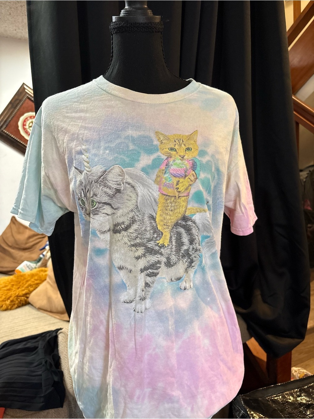 Pastel Tie-Dye Short Sleeve Tee with Yellow & Gray Cat Graphic